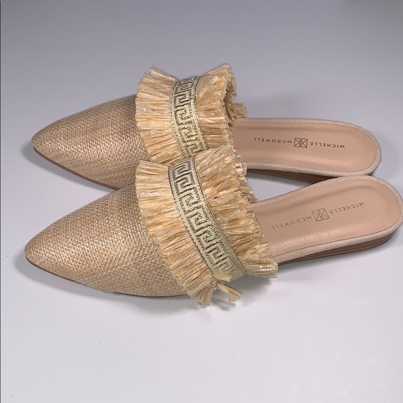 Michelle McDowell Carmen Natural Tan Woven Raffia Gold Mules Slip On Fringe 8 - Picture 5 of 11